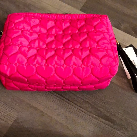 Betsey Johnson Hot Pink Quilted Heart Double Zip Cosmetic Case Makeup Bag NWT - Picture 7 of 16